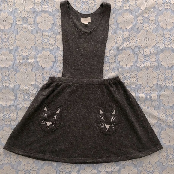 En Creme Cat Kitty Dress. Gray bib dress embroidered cats on pockets Size Medium - Picture 11 of 11